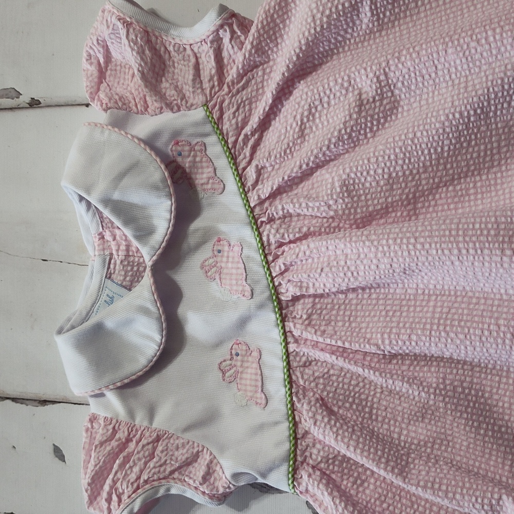 Little English Pink Seersucker Dress Easter Bunny Size 2t Peter Pan Collar - Picture 4 of 5